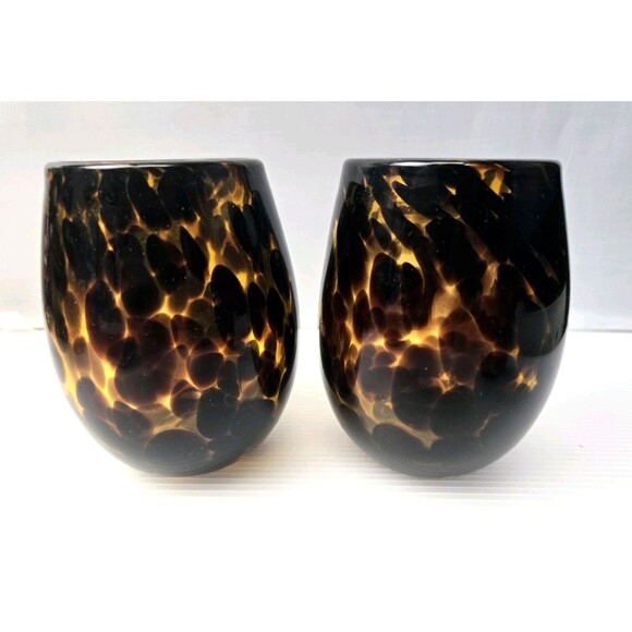 Hand Blown Stemless Tortoise Shell Wine Glass Amber Leopard Pattern Set of 2 - Picture 1 of 12